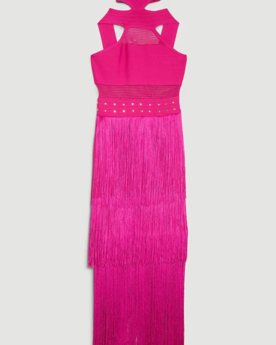 Karen Millen - Cut Out Halter Fringed Bandage Knit Midi Dress
