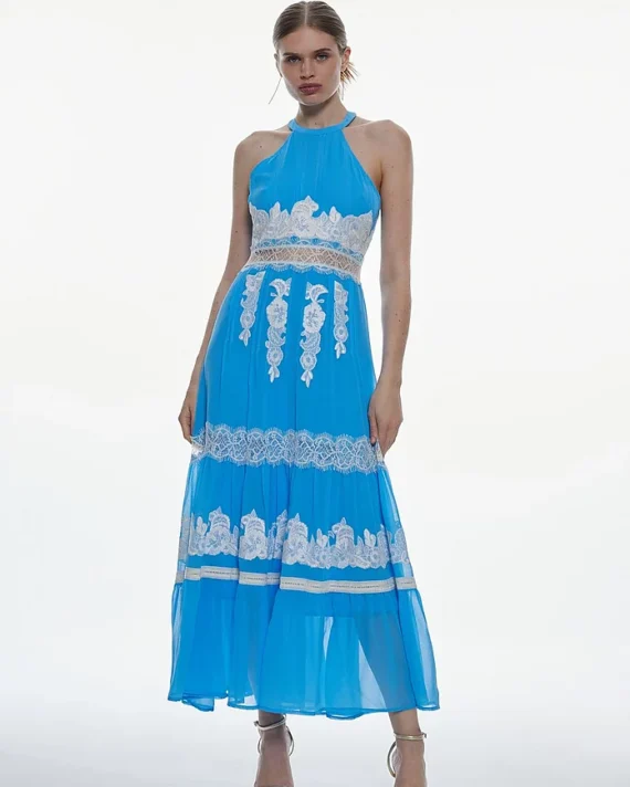 Mixed Lace & Embroidered Woven Halter Maxi Dress | Karen Millen