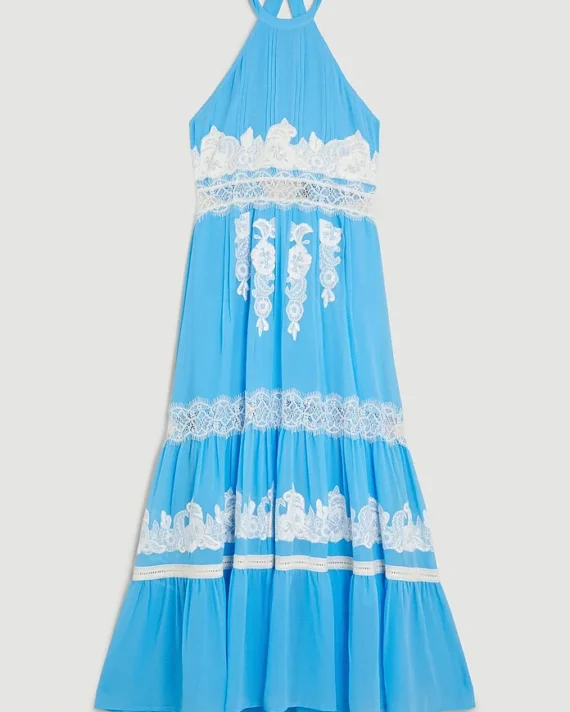 Mixed Lace & Embroidered Woven Halter Maxi Dress | Karen Millen