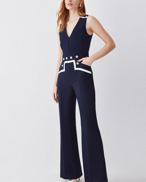 Compact Stretch Nautical Wide Leg Jumpsuit