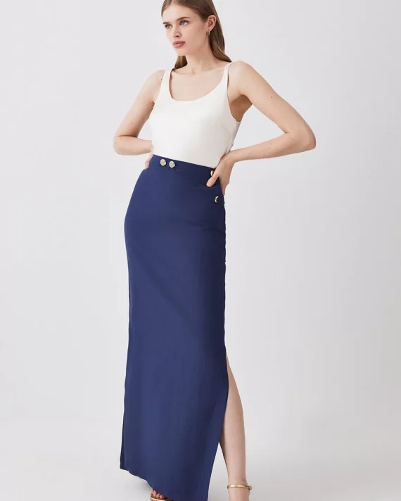 Linen Nautical Button Detail Midi Skirt