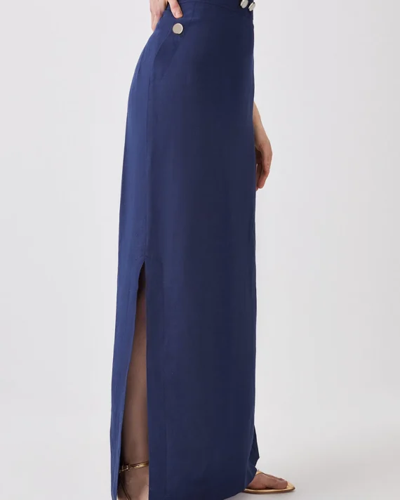 Linen Nautical Button Detail Midi Skirt