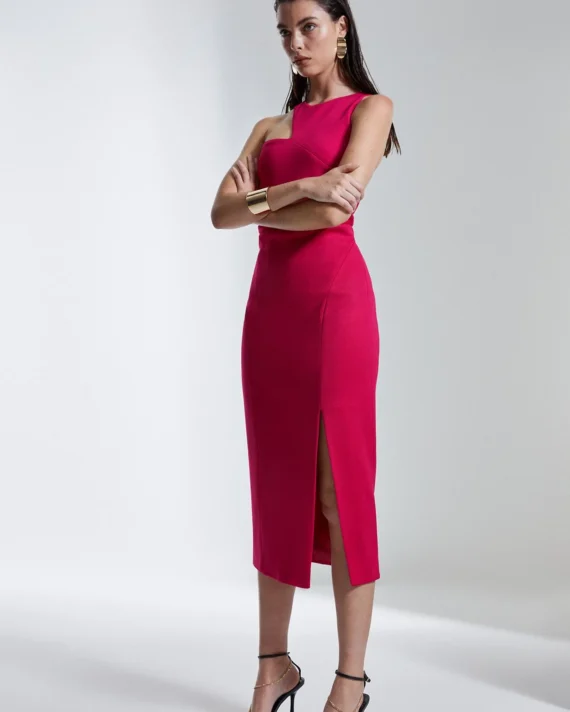 Karen Millen - Italian Structured Jersey Asymmetric Neck Line Midi Dress