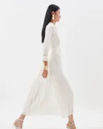 Collared Georgette Pleated Belted Woven Midi Dress