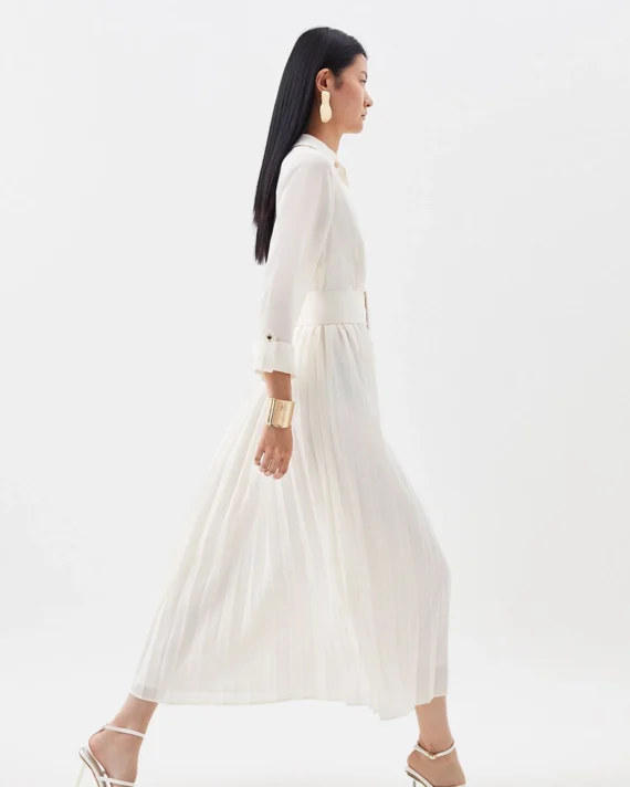 Collared Georgette Pleated Belted Woven Midi Dress