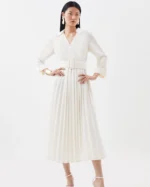 Collared Georgette Pleated Belted Woven Midi Dress