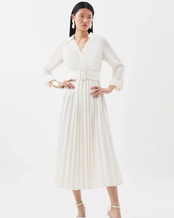 Collared Georgette Pleated Belted Woven Midi Dress