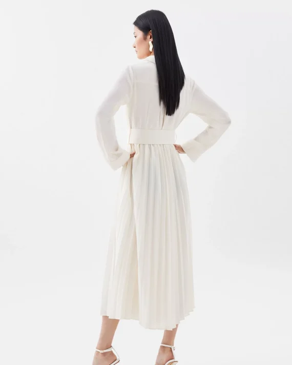 Collared Georgette Pleated Belted Woven Midi Dress