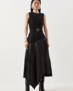 Karen Millen - Ponte Pleated Waterfall Belted Midi Dress