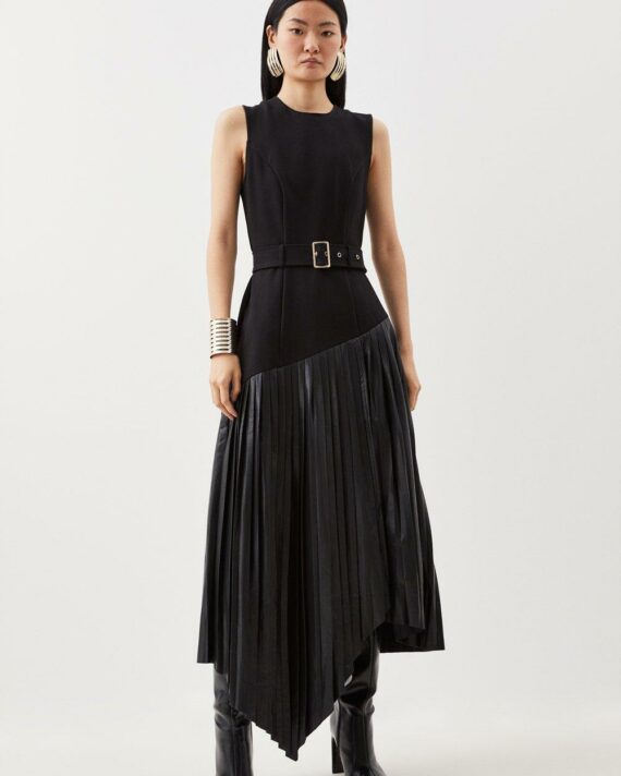 Karen Millen - Ponte Pleated Waterfall Belted Midi Dress