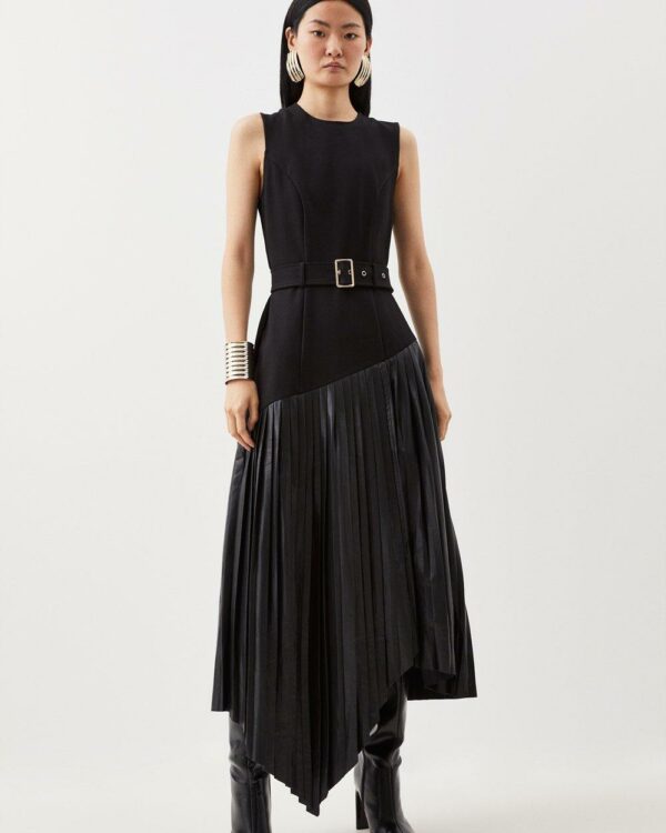 Karen Millen - Ponte Pleated Waterfall Belted Midi Dress