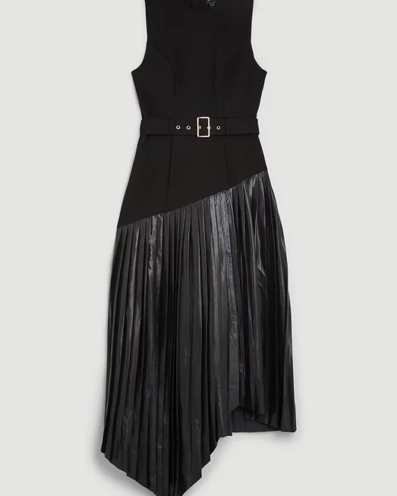 Karen Millen - Ponte Pleated Waterfall Belted Midi Dress
