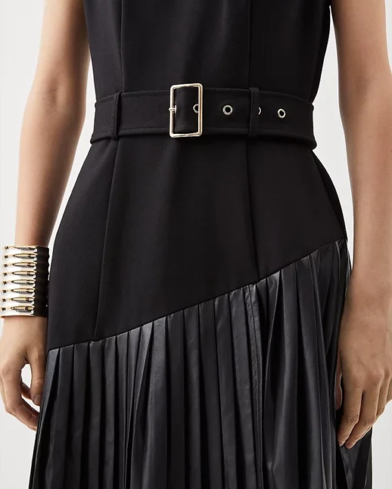 Karen Millen - Ponte Pleated Waterfall Belted Midi Dress