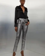 High Rise Slim Leg Silver Foiled Jeans