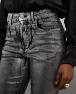 High Rise Slim Leg Silver Foiled Jeans