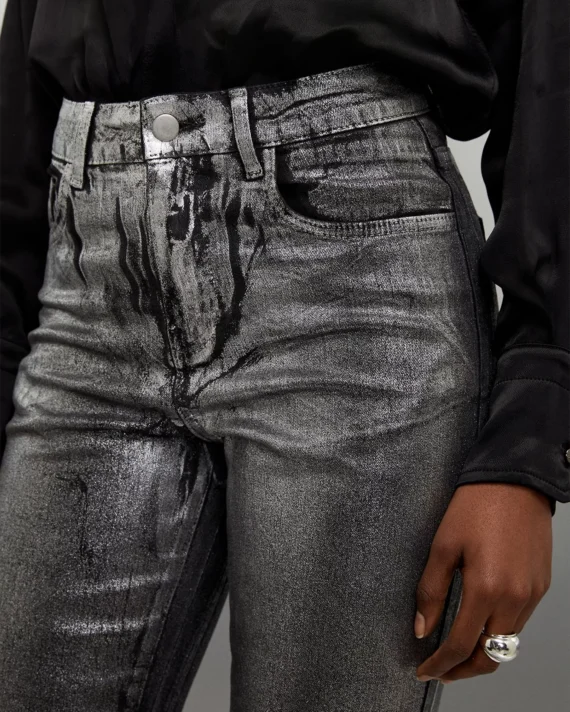 High Rise Slim Leg Silver Foiled Jeans