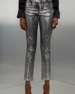 High Rise Slim Leg Silver Foiled Jeans