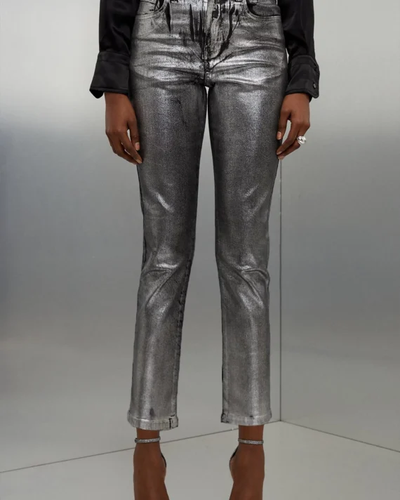 High Rise Slim Leg Silver Foiled Jeans