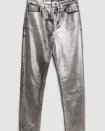 High Rise Slim Leg Silver Foiled Jeans
