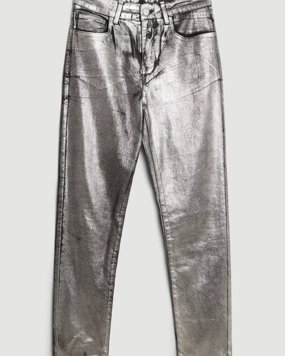 High Rise Slim Leg Silver Foiled Jeans