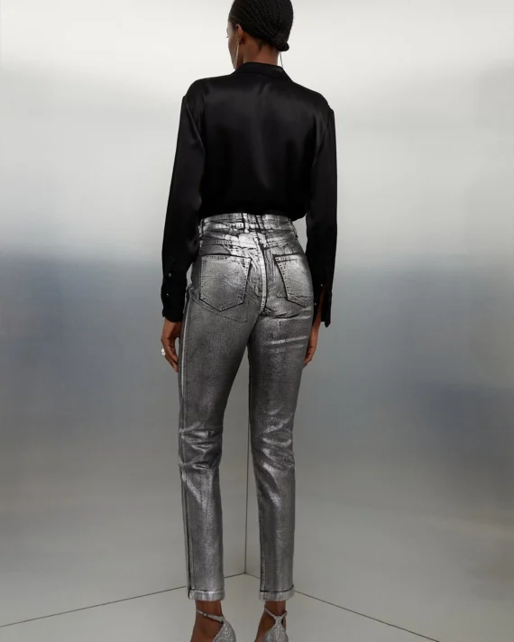 High Rise Slim Leg Silver Foiled Jeans