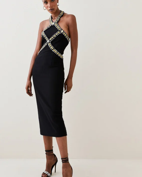 Embellished Halter Figure Form Midi Dress