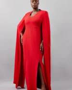 Plus Size Tailored Compact Stretch Viscose Cape Sleeve Midi Pencil Dress