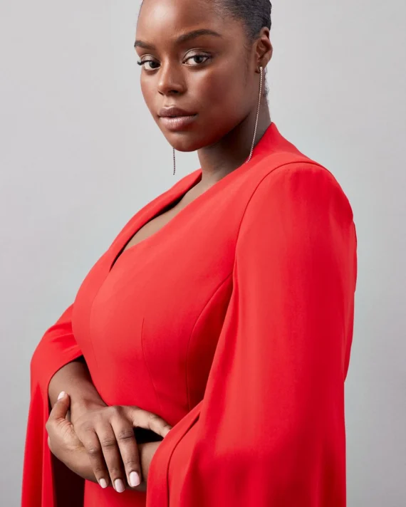 Plus Size Tailored Compact Stretch Viscose Cape Sleeve Midi Pencil Dress