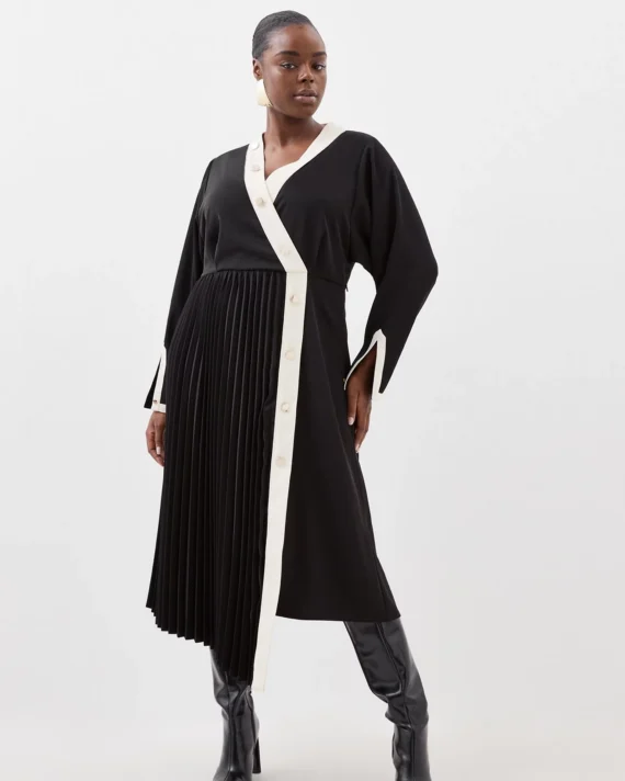 Plus Size Twill Pleated Woven Midi Dress
