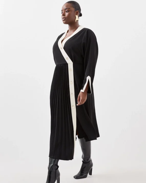 Plus Size Twill Pleated Woven Midi Dress
