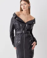 Leather Off The Shoulder Sleeved Biker Mini Dress