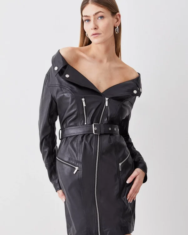 Leather Off The Shoulder Sleeved Biker Mini Dress