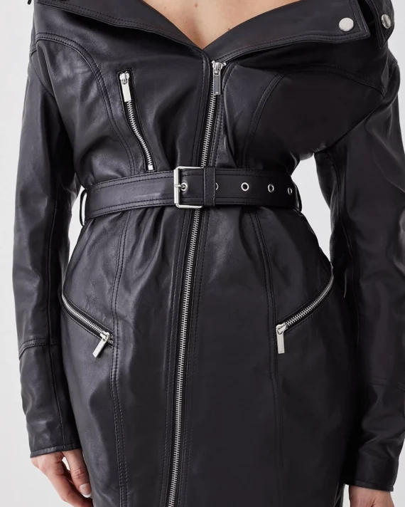 Leather Off The Shoulder Sleeved Biker Mini Dress
