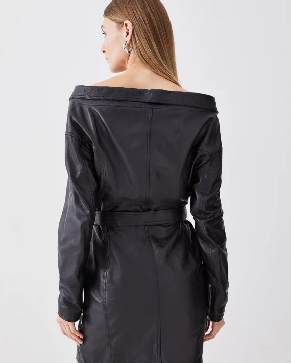 Leather Off The Shoulder Sleeved Biker Mini Dress