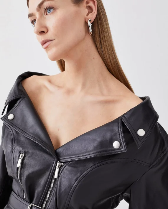 Leather Off The Shoulder Sleeved Biker Mini Dress