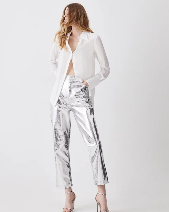 Metallic Faux Leather Tailored Straight Leg Trouser