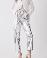 Metallic Faux Leather Tailored Straight Leg Trouser