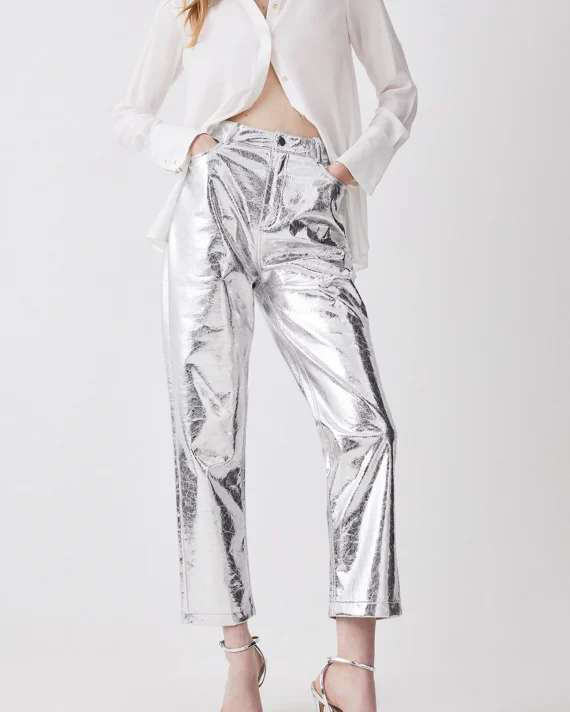 Metallic Faux Leather Tailored Straight Leg Trouser