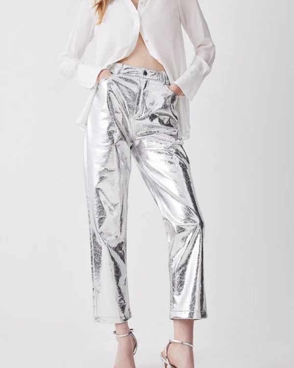Metallic Faux Leather Tailored Straight Leg Trouser