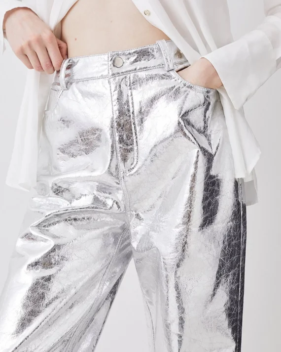 Metallic Faux Leather Tailored Straight Leg Trouser