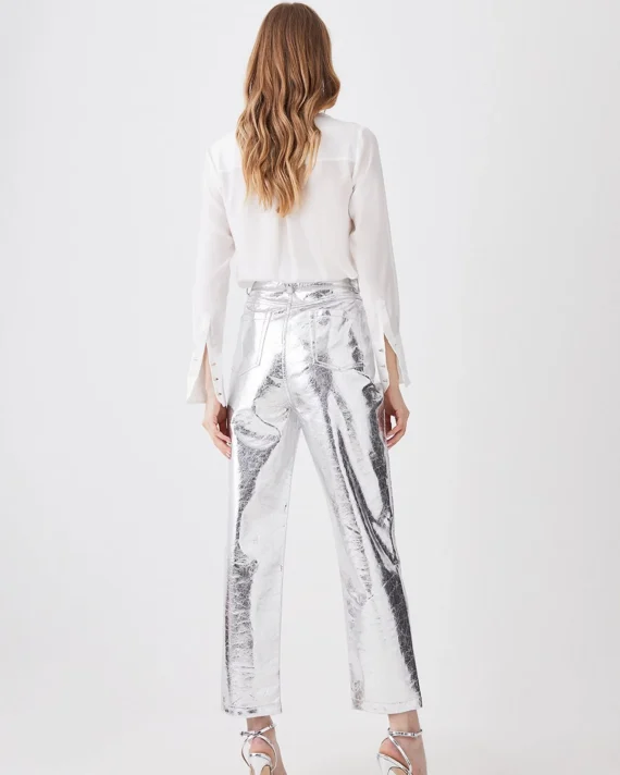 Metallic Faux Leather Tailored Straight Leg Trouser