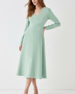 V Neck Full Skirt Midi Dress
