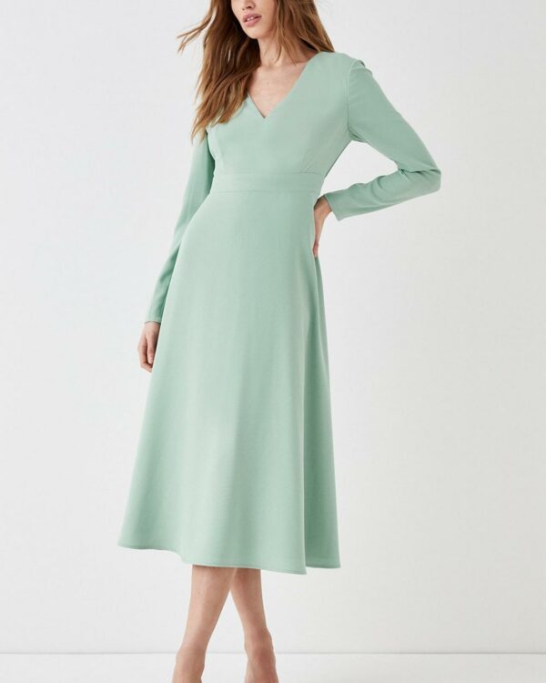 V Neck Full Skirt Midi Dress