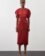 Tailored Satin Back Crepe Ruched Front Midi Dress