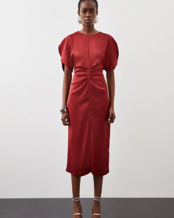 Tailored Satin Back Crepe Ruched Front Midi Dress