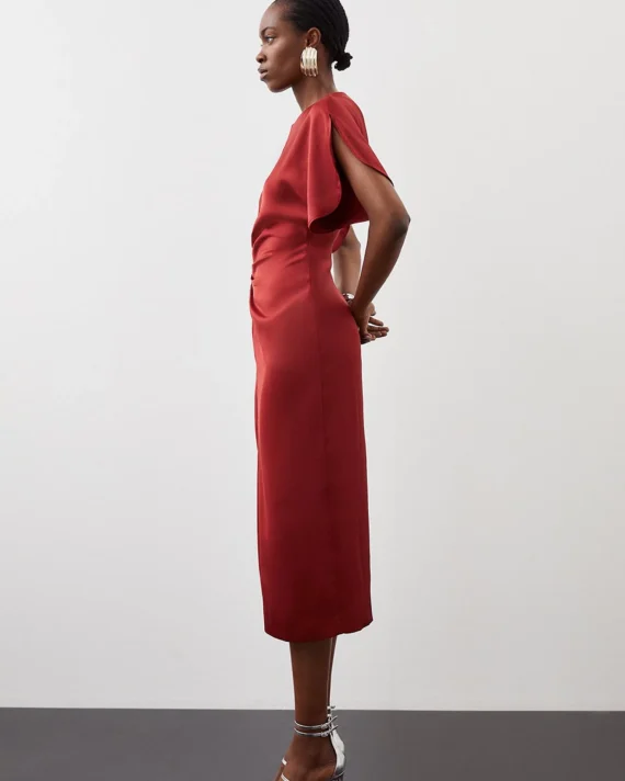 Tailored Satin Back Crepe Ruched Front Midi Dress