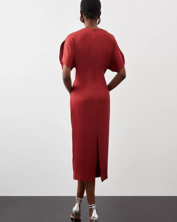 Tailored Satin Back Crepe Ruched Front Midi Dress