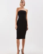 The Founder Compact Stretch Viscose Bandeau Pencil Tailored Midi Dress