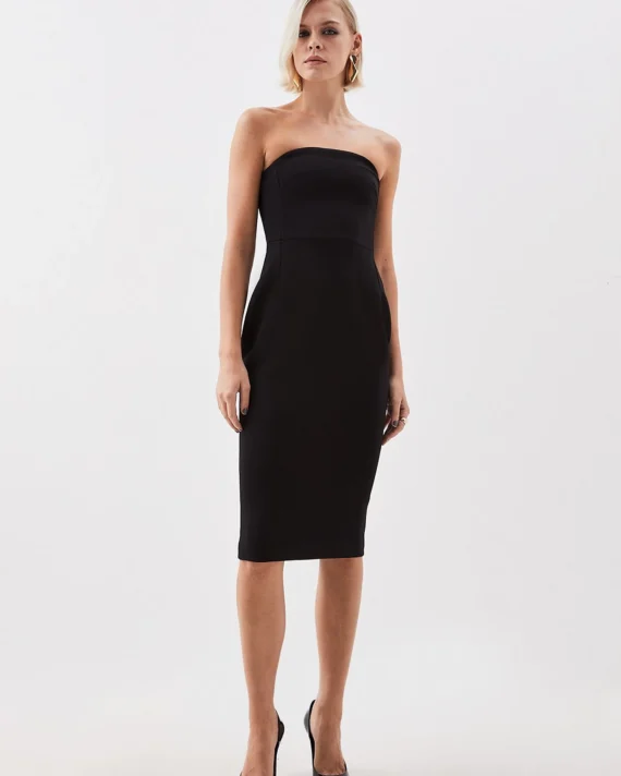 The Founder Compact Stretch Viscose Bandeau Pencil Tailored Midi Dress