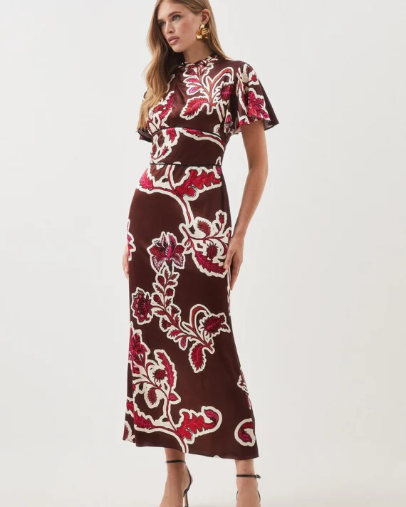 Petite Batik Viscose Satin Angel Sleeve Woven Midi Dress